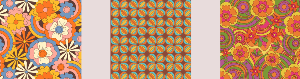 Colorful 1970s-inspired patterns featuring bold florals, geometric shapes, and psychedelic color palettes.