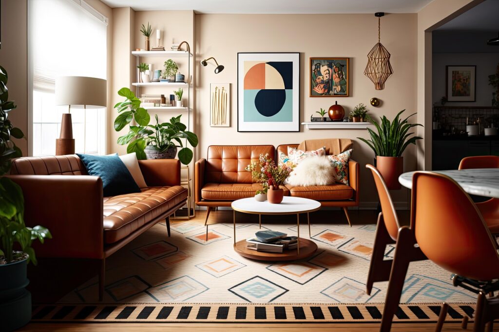Modern living room with 1970s-inspired decor, caramel leather sofa, plants, and warm neutral tones